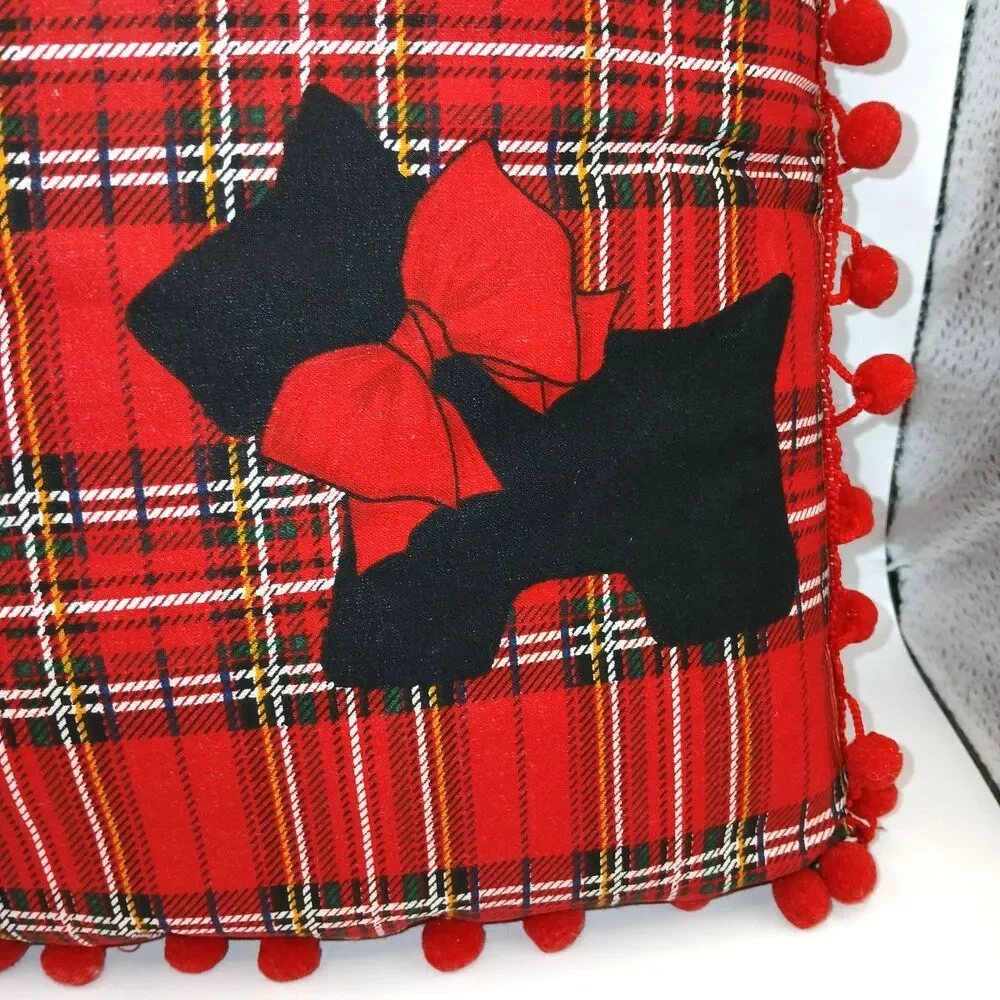 Scottie Dog Decorative Accent Throw Pillow Red Black Plaid PomPom Fringe 12x11